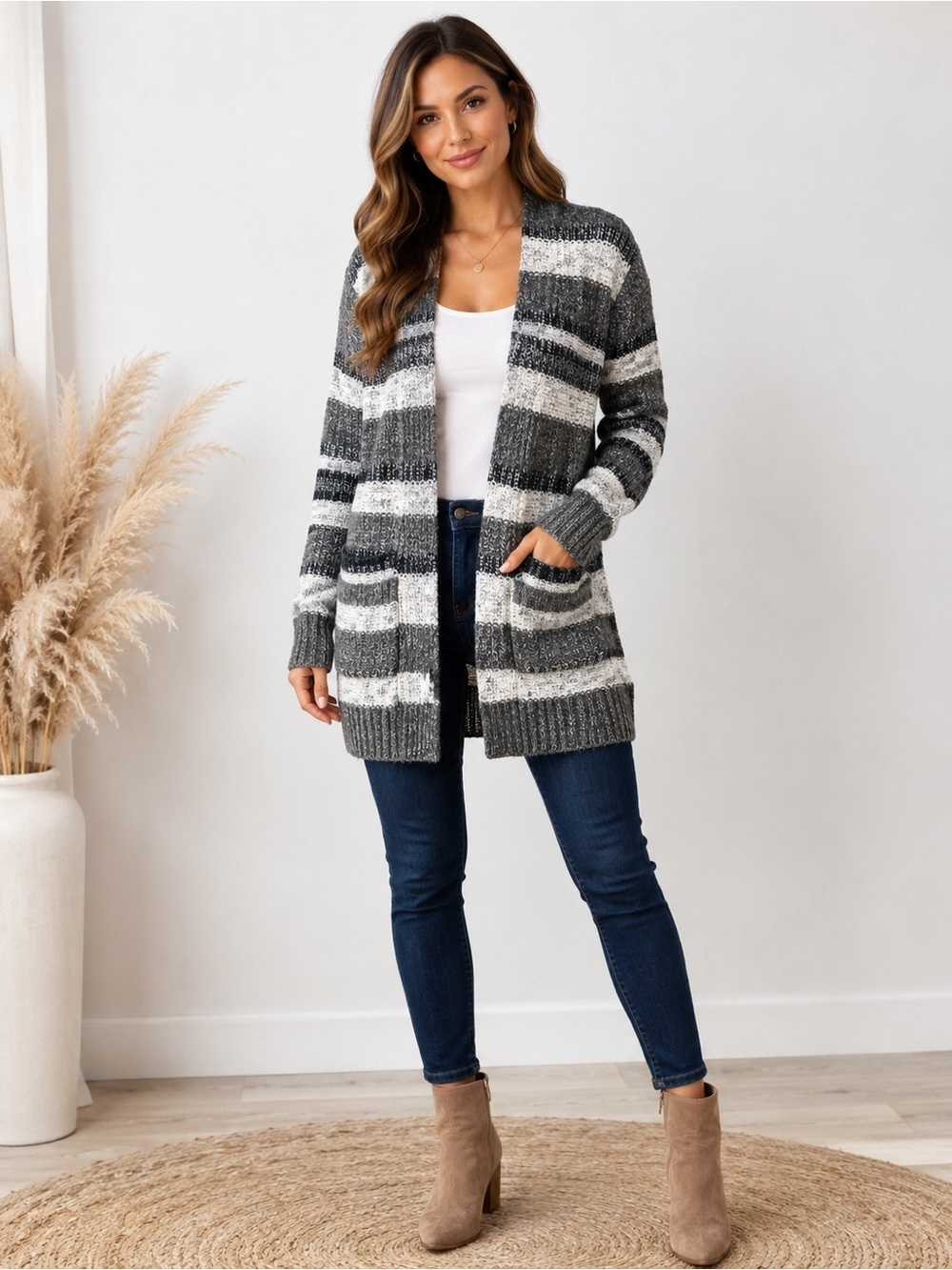 Mossimo Cozy Chunky Knit Striped Cardigan XL Gray Cream Black Pockets